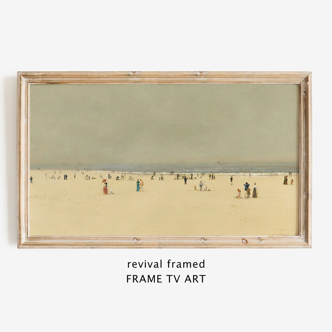 Minimal Wide Beach Scene Tiny Figures Pale Sand Calm Ocean Vintage Wall Art