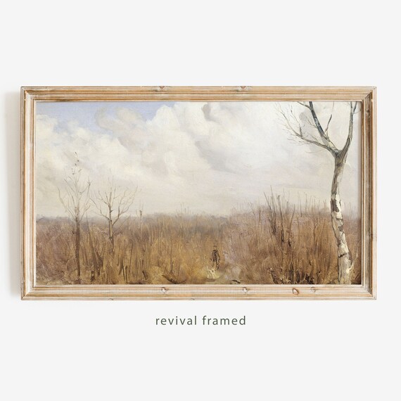 Winter Birch Trees Hunter and Dog on a Country Path Oil Poster
