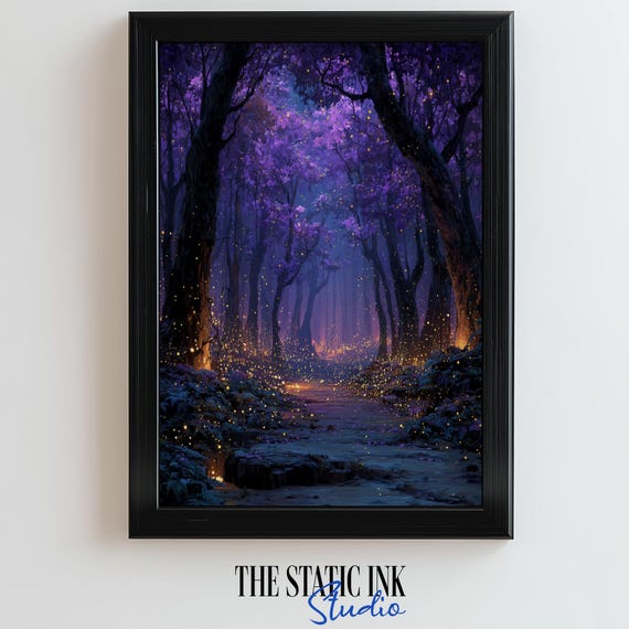 Magical Purple Forest Path Wall Art Print Enchanted Night Landscape With Glowing Lights Fairycore Fantasy