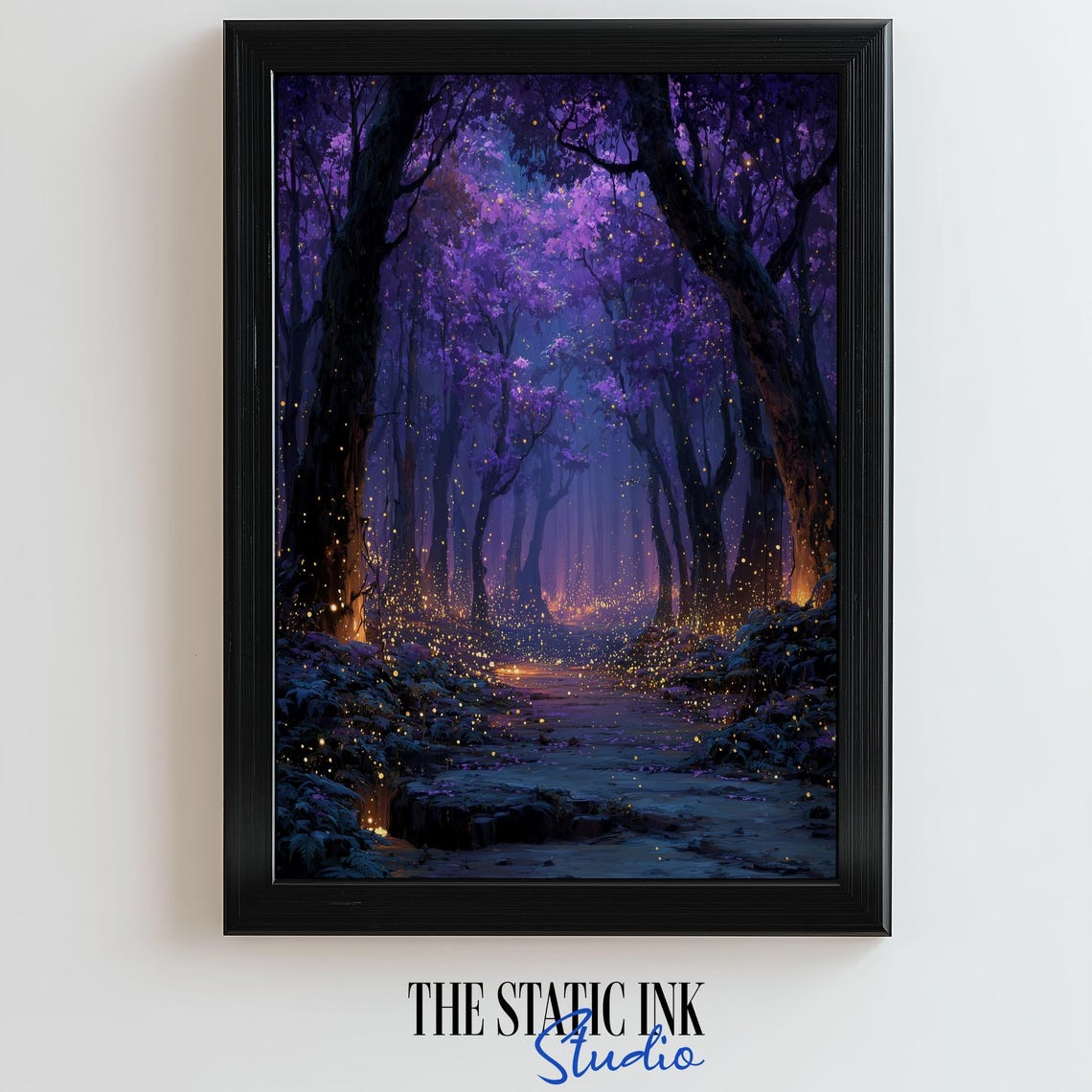 Magical Purple Forest Path At Night With Glowing Fireflies Poster