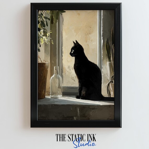 Black Cat Sitting On Sunlit Windowsill Painting Style Poster