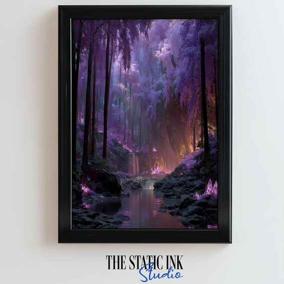 Fantasy Crystal Forest With Purple Trees and Glowing Waterfall Poster