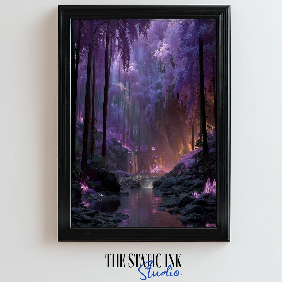 Fantasy Crystal Forest With Purple Trees and Glowing Waterfall Poster