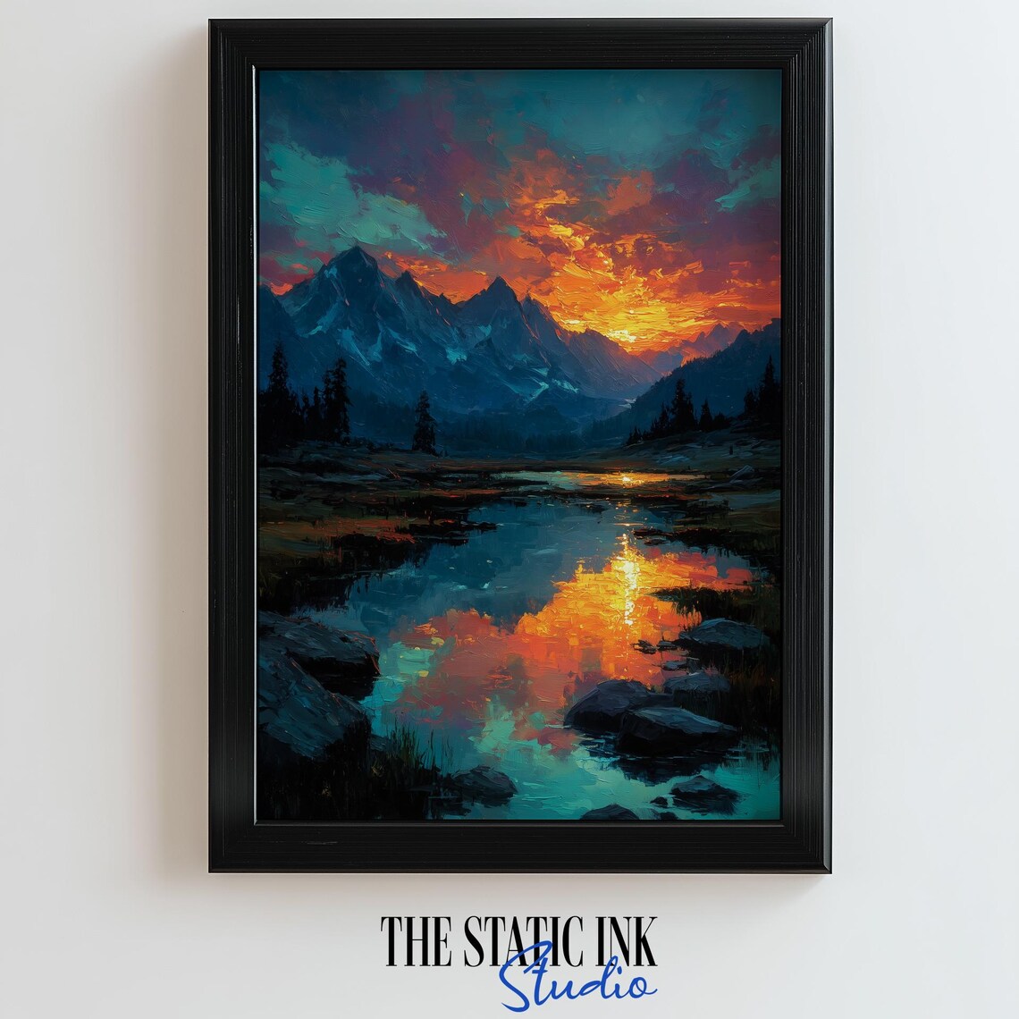 Mountain Lake Sunset Reflection Snowy Peaks Orange Sky Poster