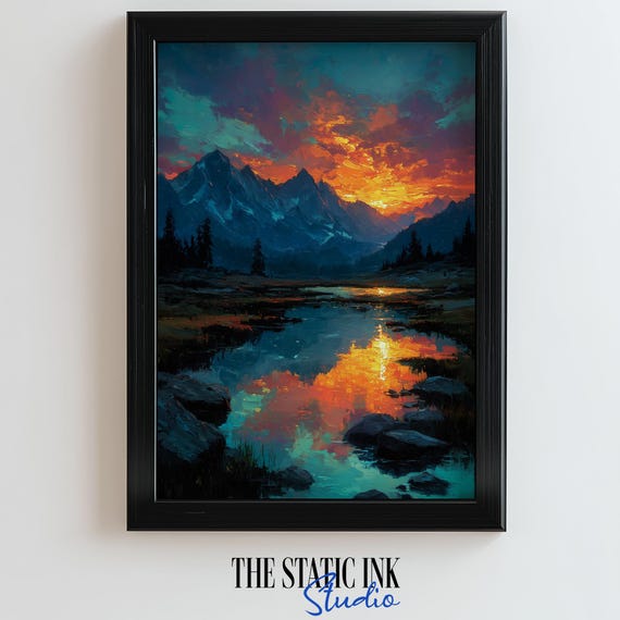Sunset Mountain Lake Wall Art Print Colorful Nature Landscape Painting Scenic Reflections Artwork Home Decor