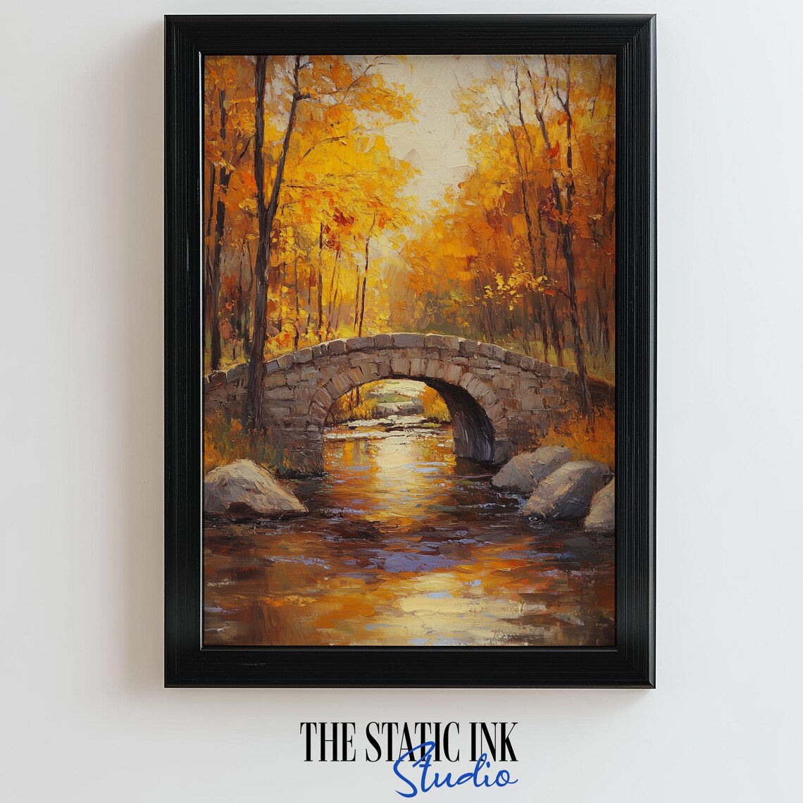 Stone Bridge Over River in Golden Autumn Forest Fall Oil Painting Poster