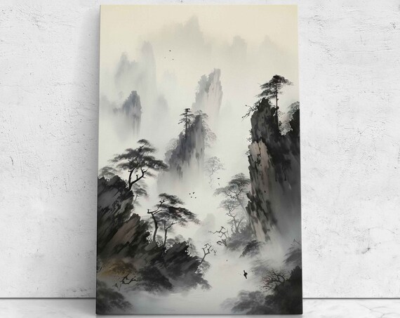 Chinese Ink Wash Fog Mountains Print On Ready To Hang Living Room Decor