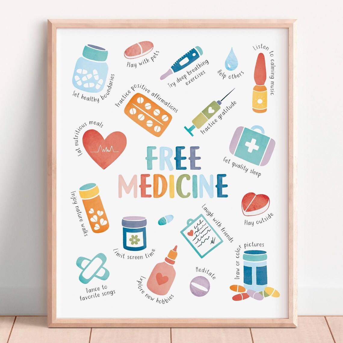 Free Medicine Wellness Habits Self Care Watercolor Therapy Poster