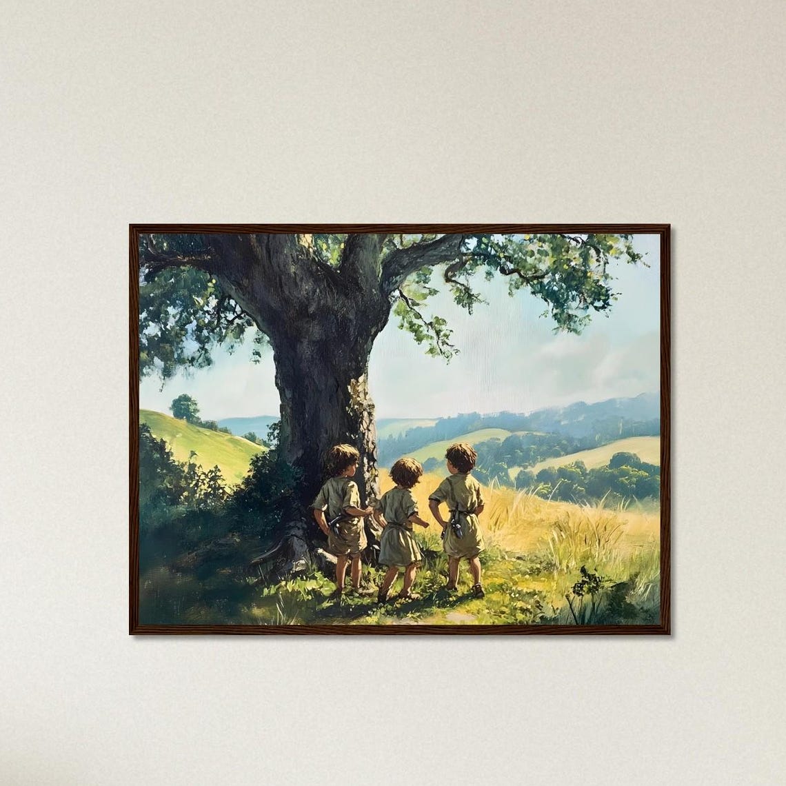 Three Children Under Old Oak Tree Storybook Fantasy Landscape Poster