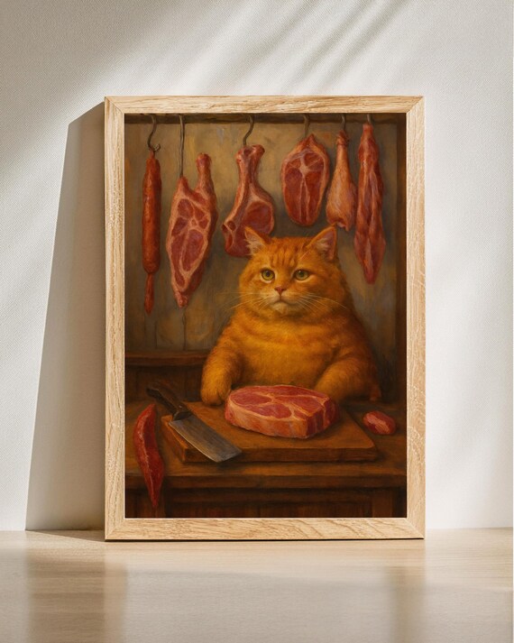 Cat Butcher Funny Orange Tabby Cleaver Meat Shop Vintage Poster