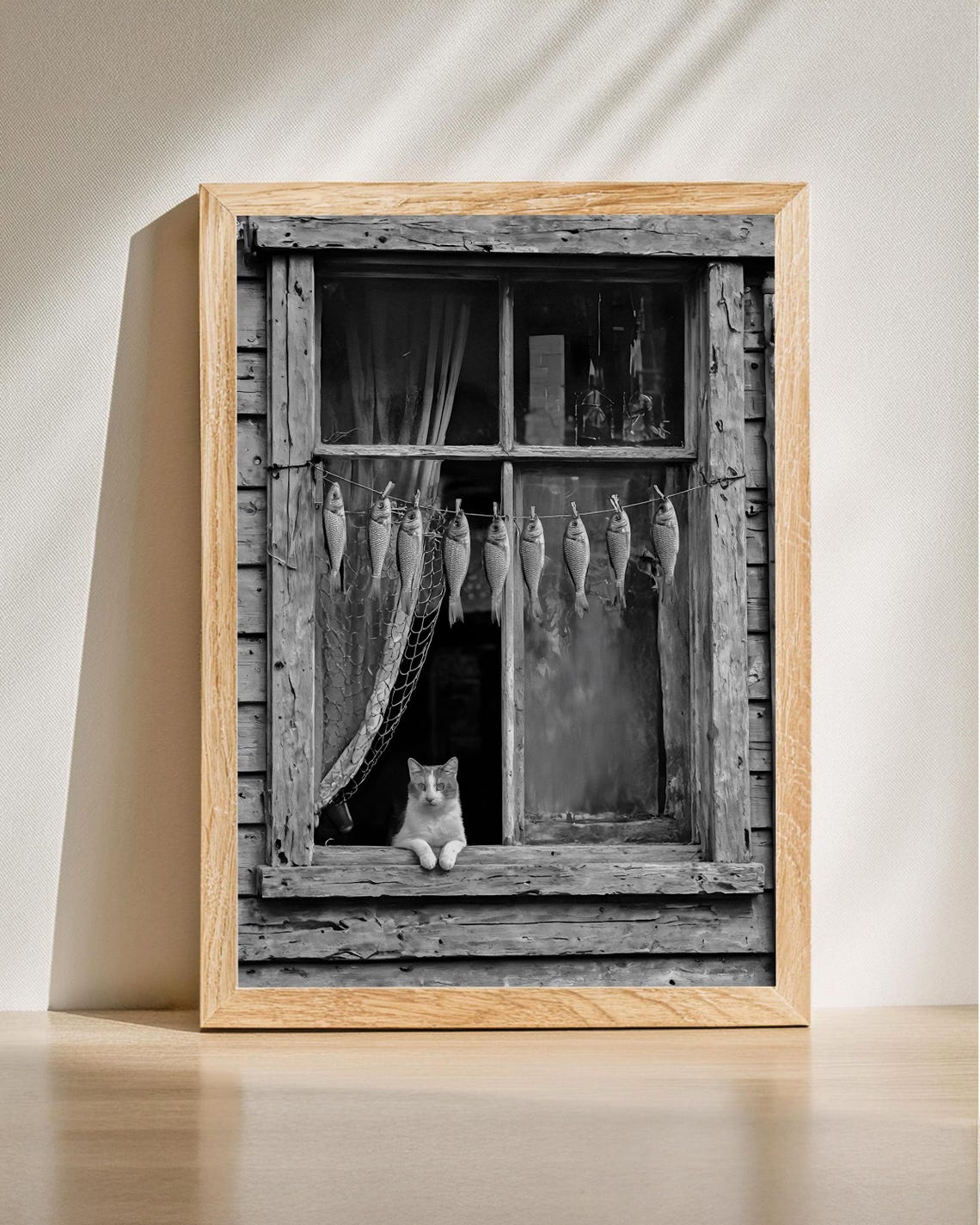 Rustic Cat Window Fish Catch Black And White Photography Poster