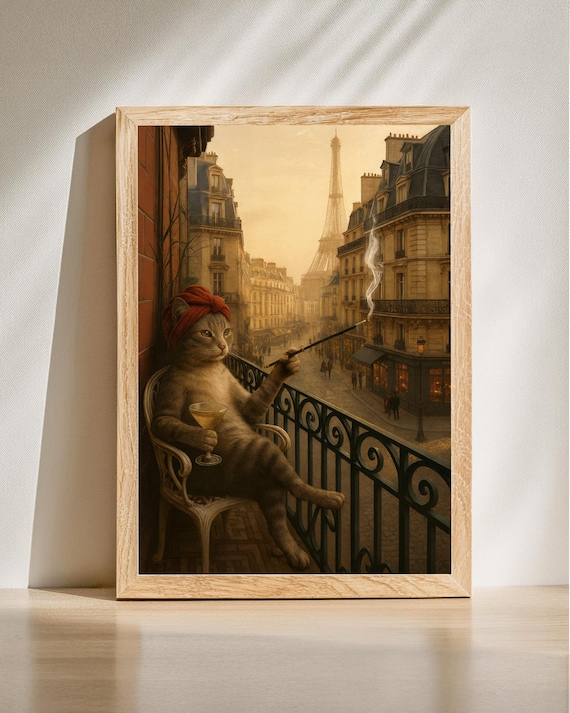 Parisian Cat With Wine Funny Balcony Eiffel Tower Chic Poster