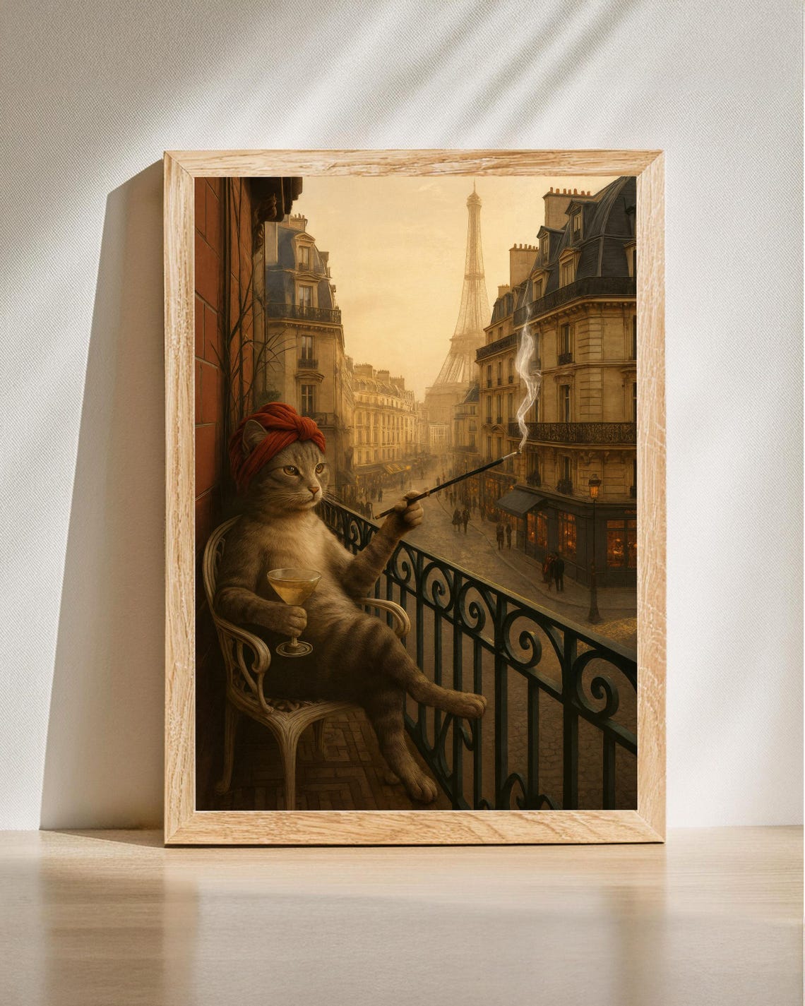 Parisian Cat With Wine Funny Balcony Eiffel Tower Chic Poster