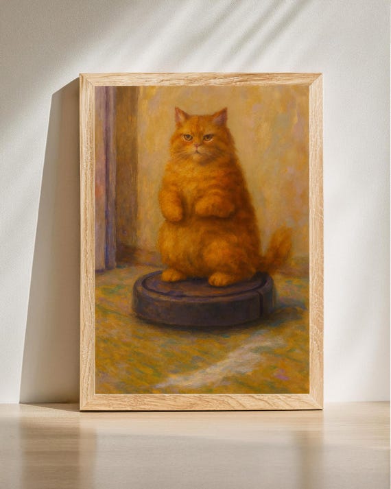 Funny Orange Cat On Robot Vacuum Print Cute Wall Art Lover Gift Mom Dad