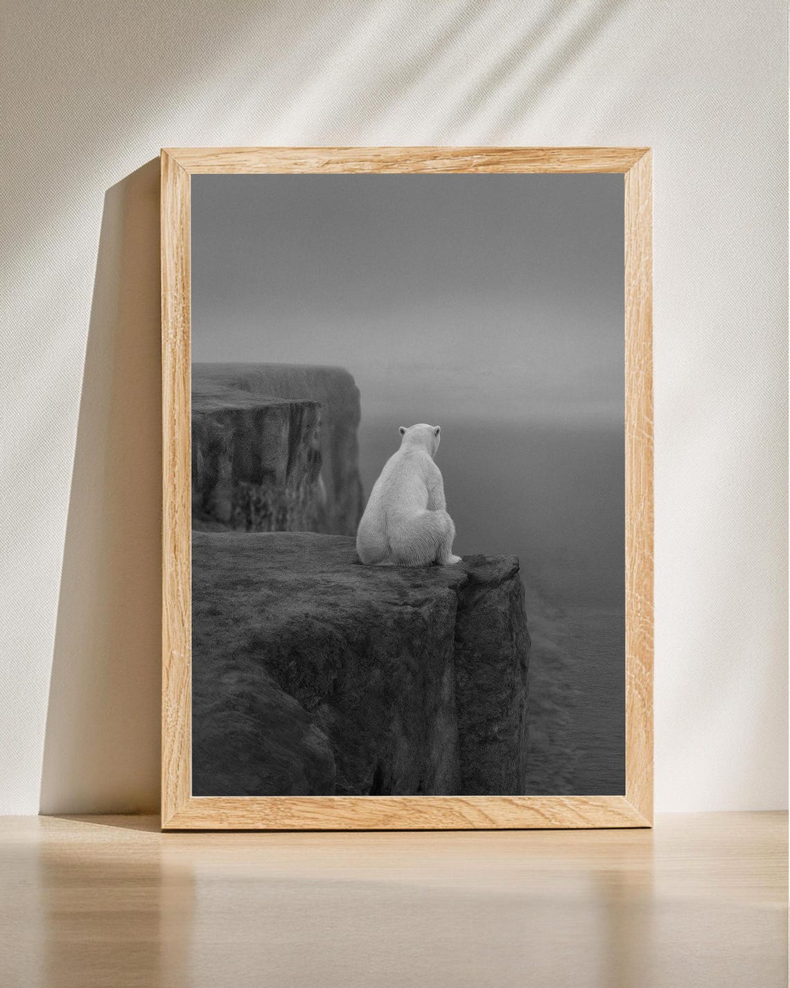 Polar Bear On Arctic Cliff Black And White Moody Photo Print