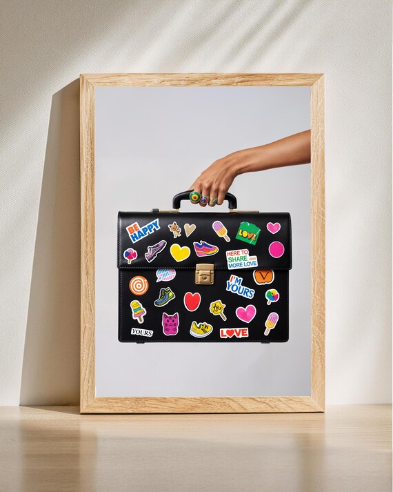 Colorful Sticker Covered Briefcase Happy Pop Art Positive Message Poster