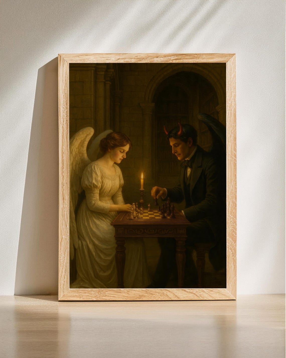 Angel And Devil Playing Chess Candlelight Gothic Symbolic Art Poster