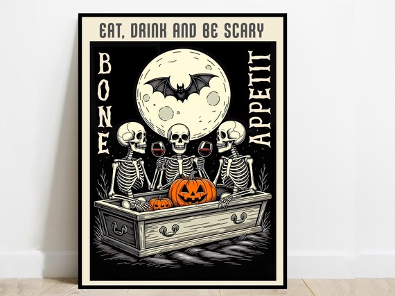 Bone Appetit Halloween Poster Skeletons Toasting Wine Retro Coffin Party Fun