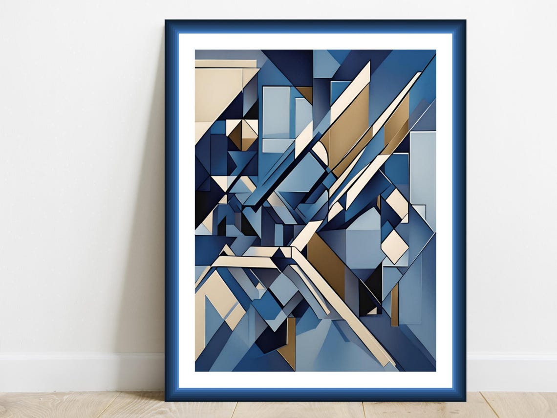 Blue Gold Geometric Cubist Abstract Shapes Modern Art Poster