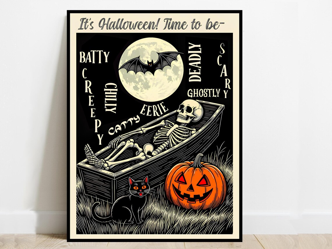 Halloween Time Vintage Style Poster Skeleton Coffin Bat Black Cat Spooky Fun