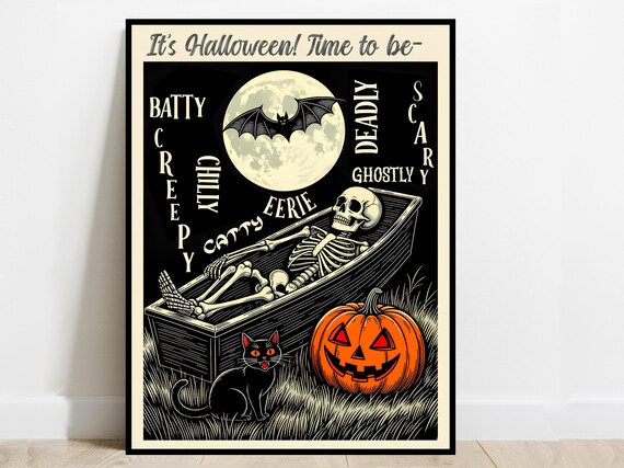 Halloween Time Vintage Style Poster Skeleton Coffin Bat Black Cat Spooky Fun