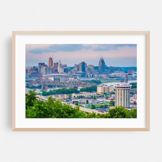 Cincinnati Skyline at Sunset With River Bridge Cityscape Poster