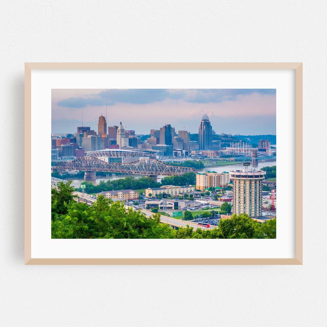 Cincinnati Skyline at Sunset With River Bridge Cityscape Poster