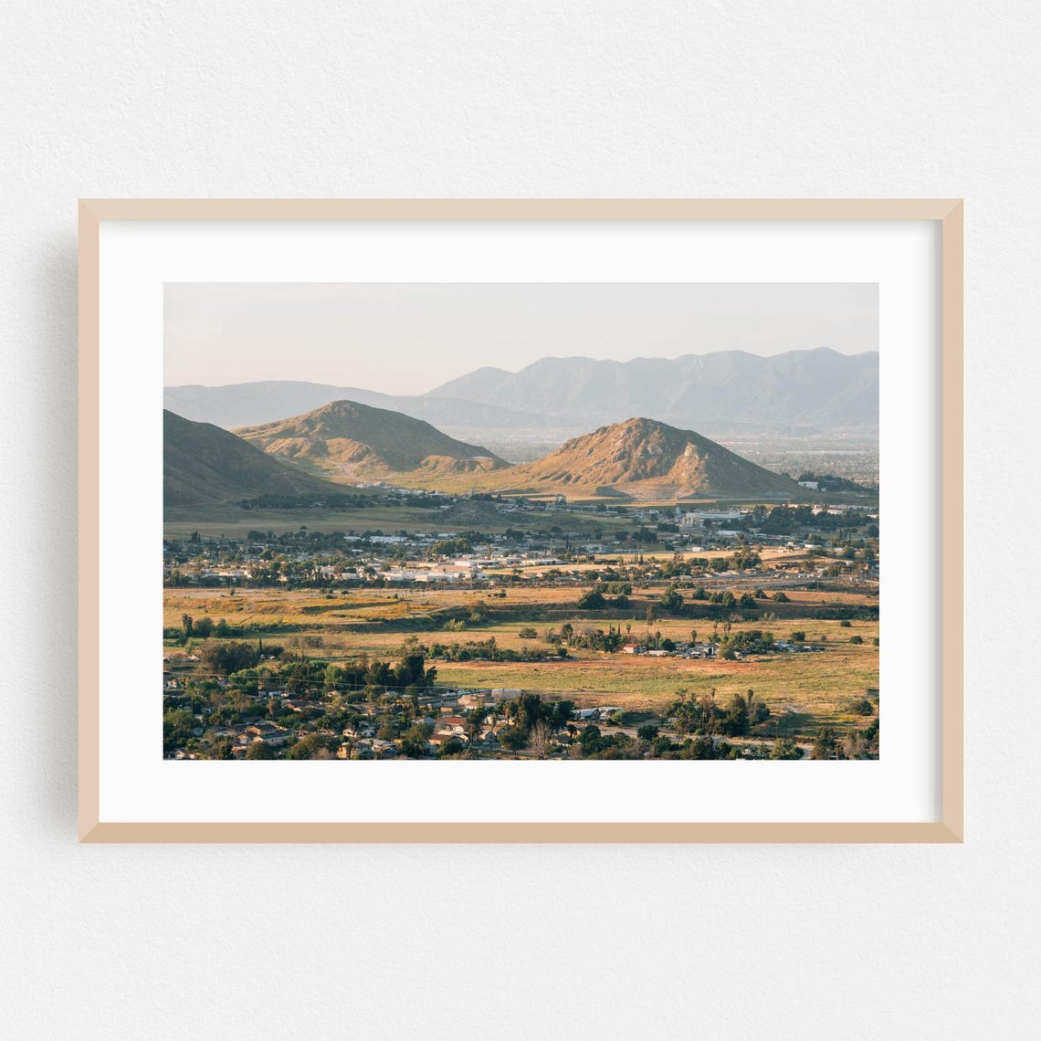 Riverside Valley Town Golden Mountains Hazy Sunset Landscape Poster