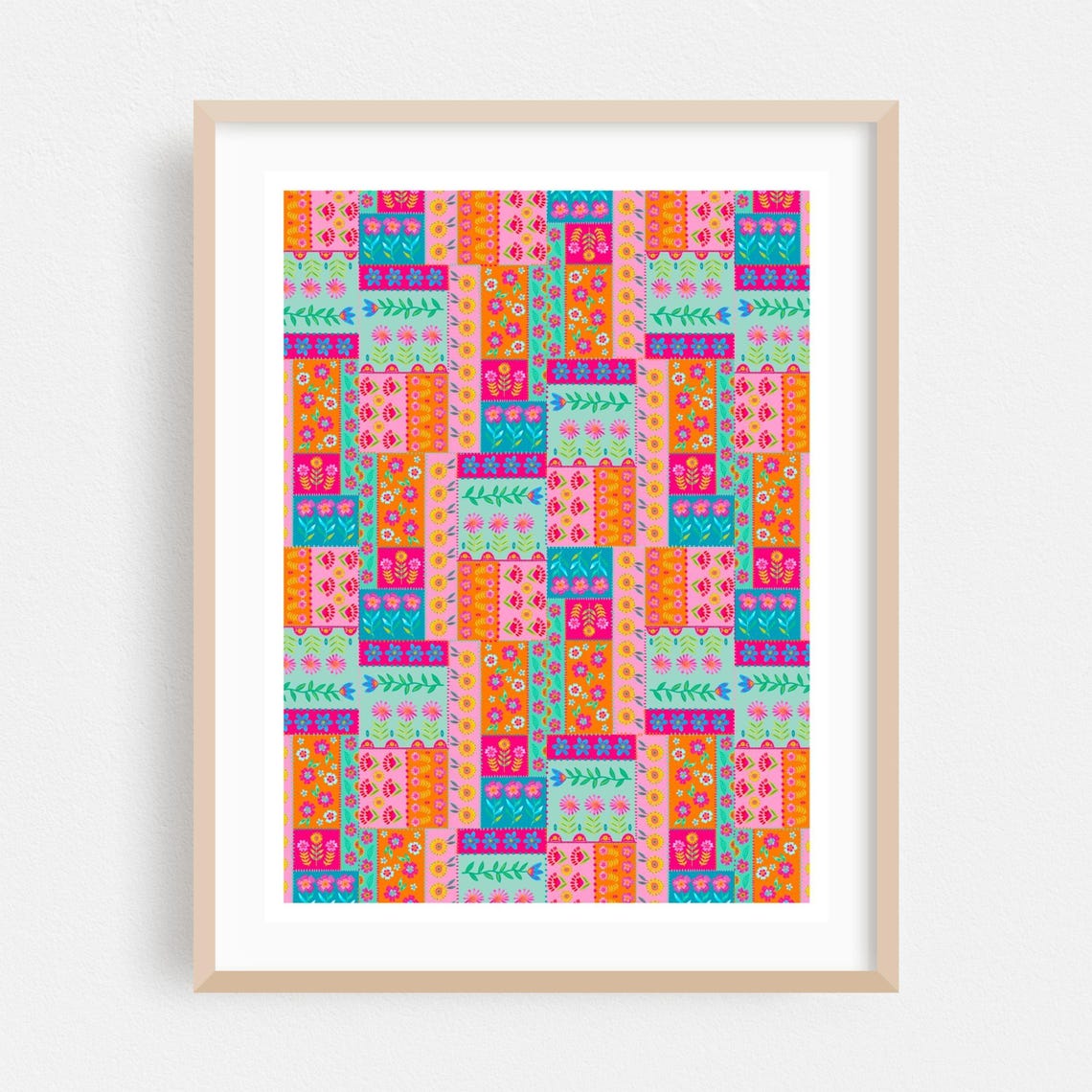 Vibrant Colorful Geometric Floral Folk Patchwork Pattern Poster