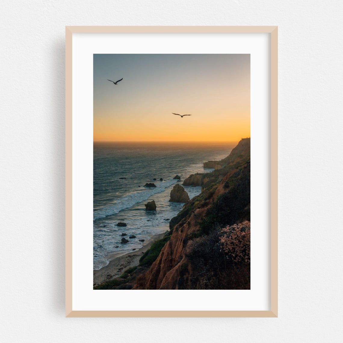 Rocky Coast Sunset Seabirds Cliff Ocean Golden Hour Photo Poster