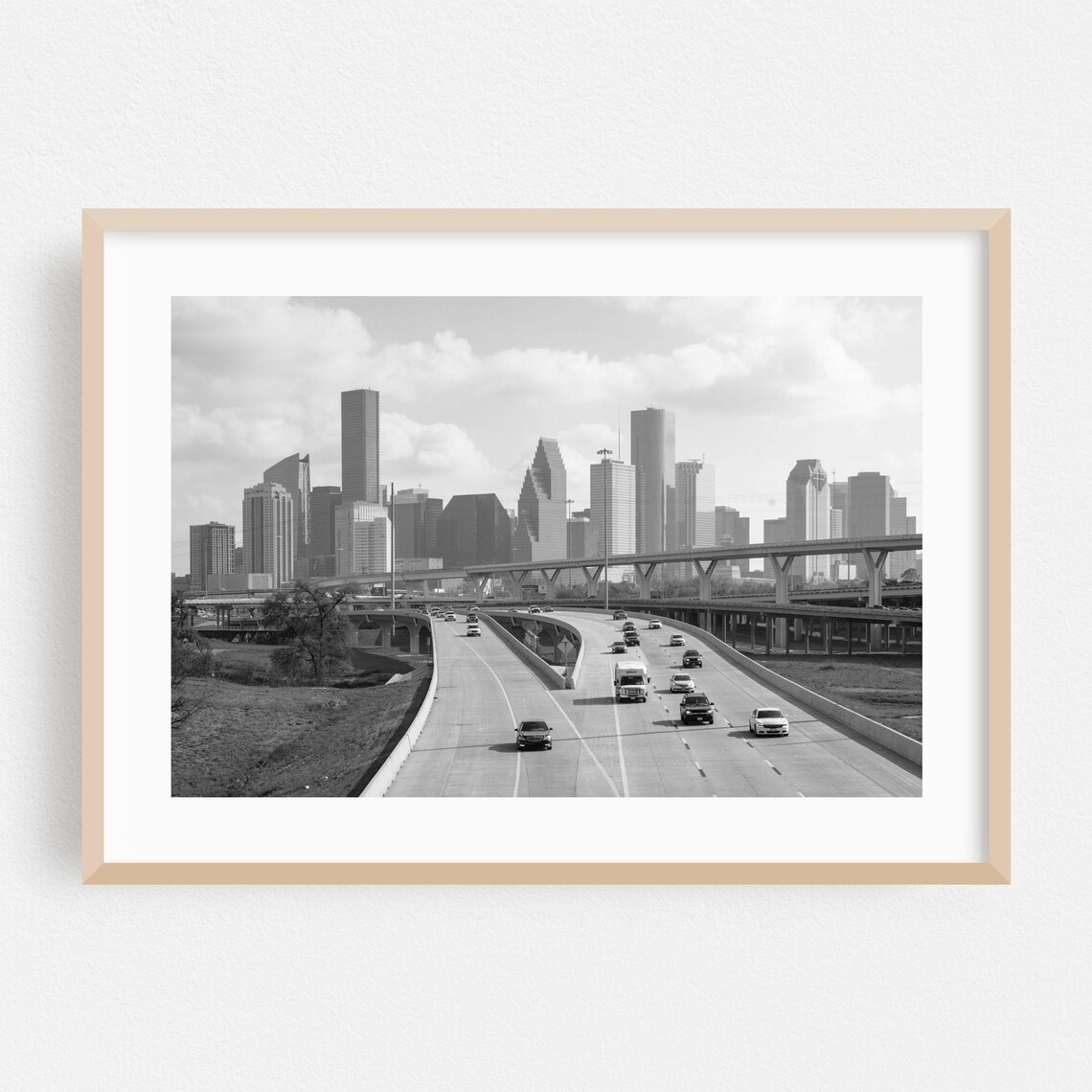 Houston Texas Skyline Black and White Freeway Photo Art Print