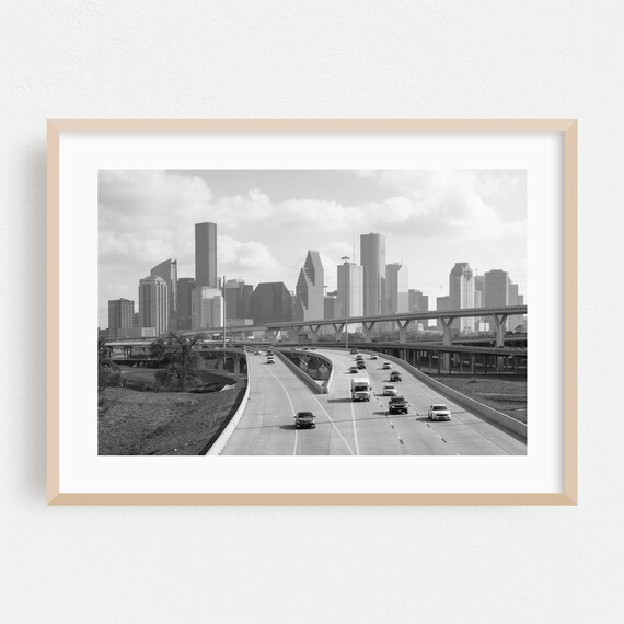 Houston Texas Skyline Black and White Freeway Photo Art Print