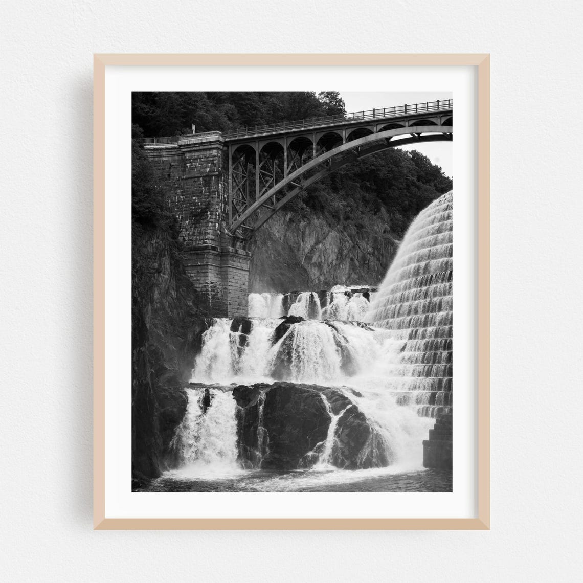Black and White Croton Dam Waterfall Arched Bridge Photography Poster