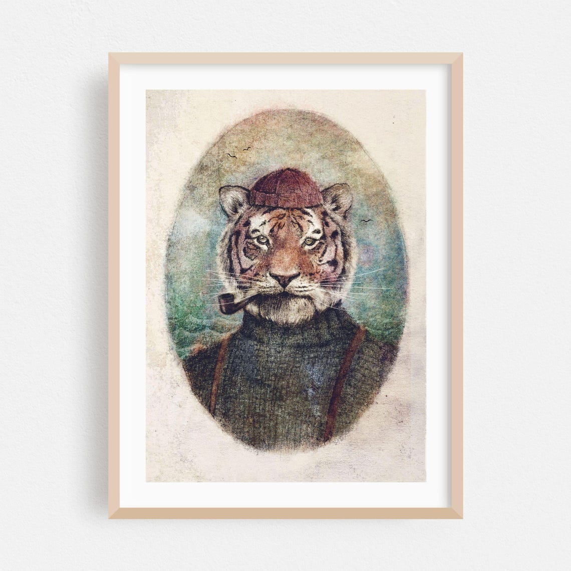 Dapper Tiger Pipe Smoker Knit Beanie Vintage Portrait Poster