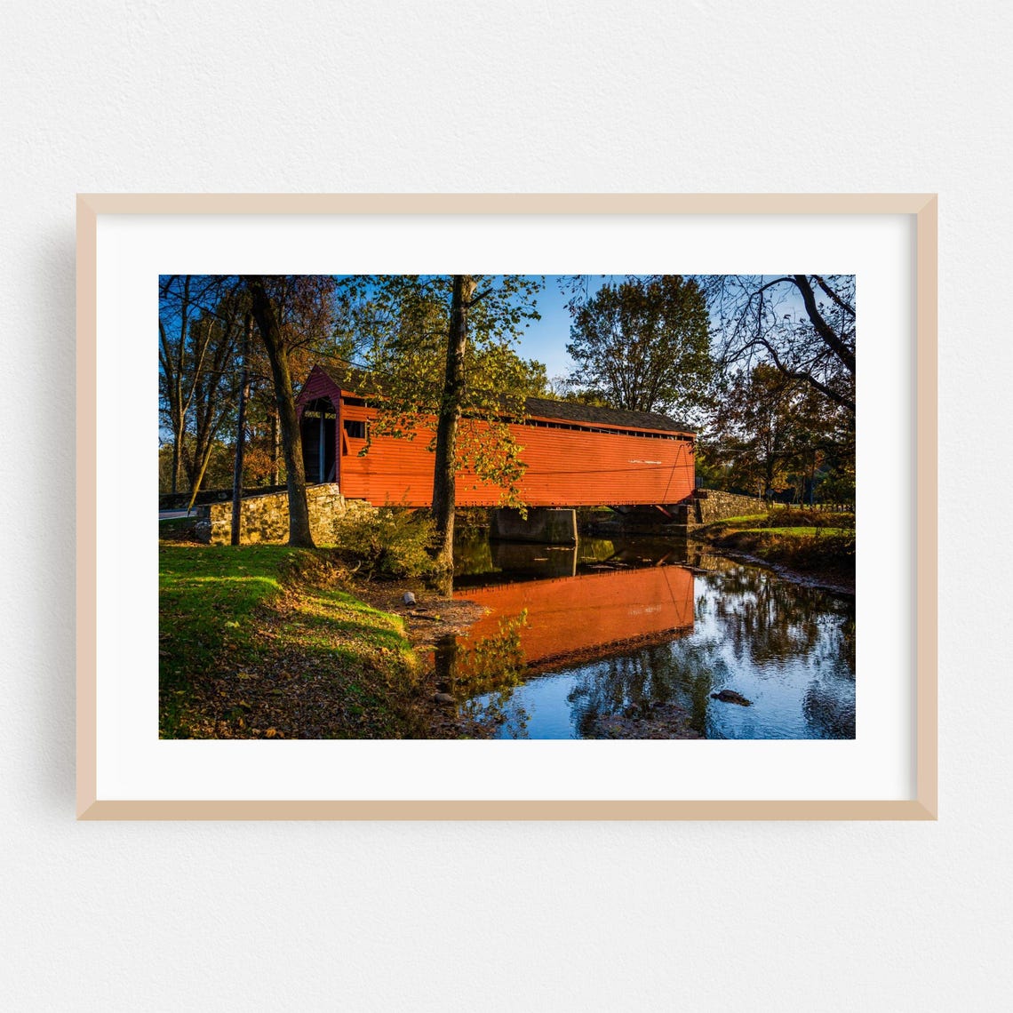 Maryland Red Covered Bridge Over Autumn Creek Landscape Poster
