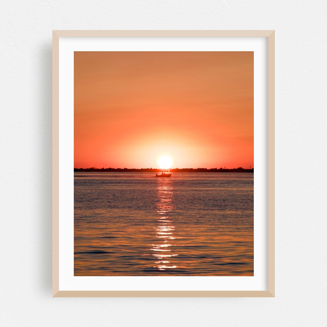 Sunset Over Water With Small Boat Photo Poster Orange Sky Reflection