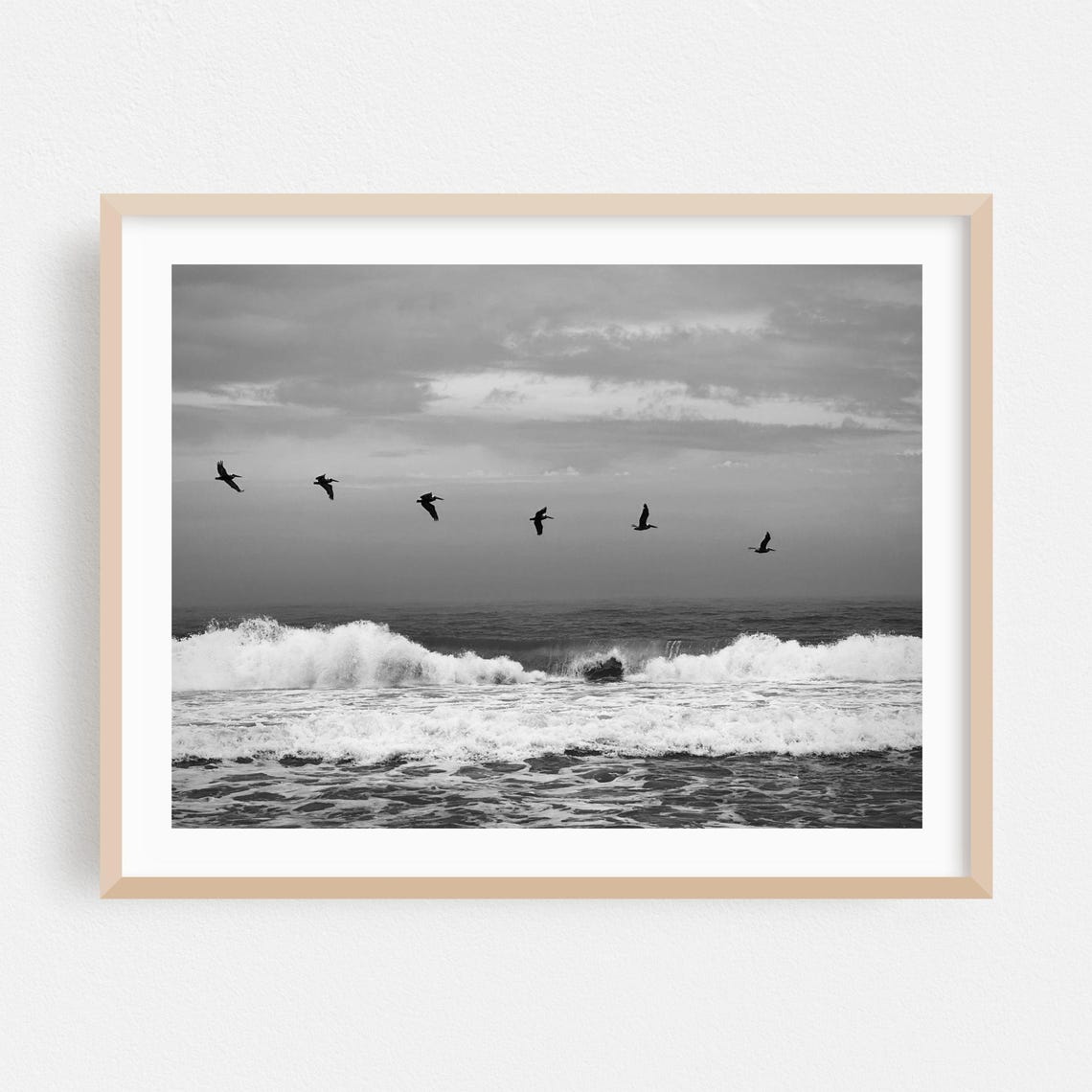 Ocean City Maryland Pelicans Flying Ocean Waves Black White Poster