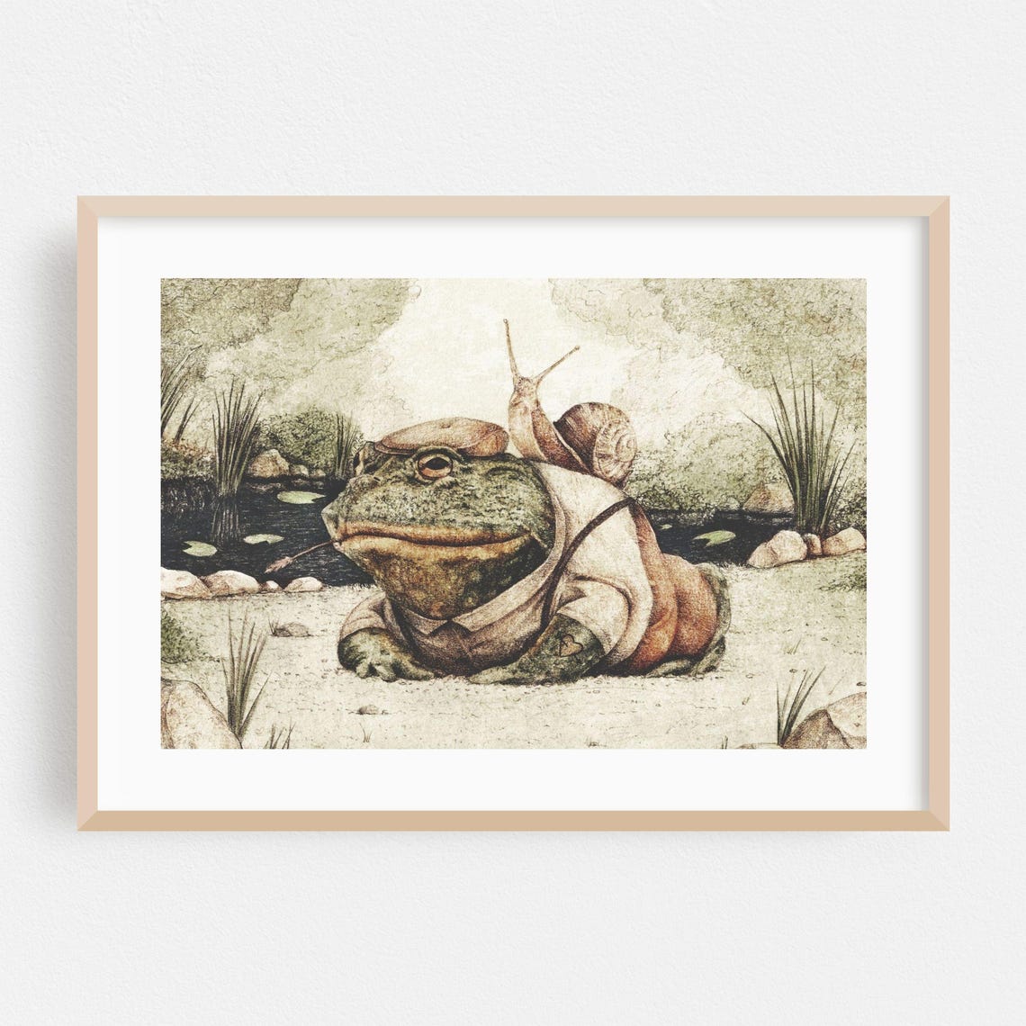 Buddies Toad and Snail Vintage Pond Scene Illustration Poster