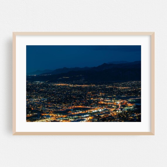 Palm Springs Night City Lights Poster with Mountain Silhouette