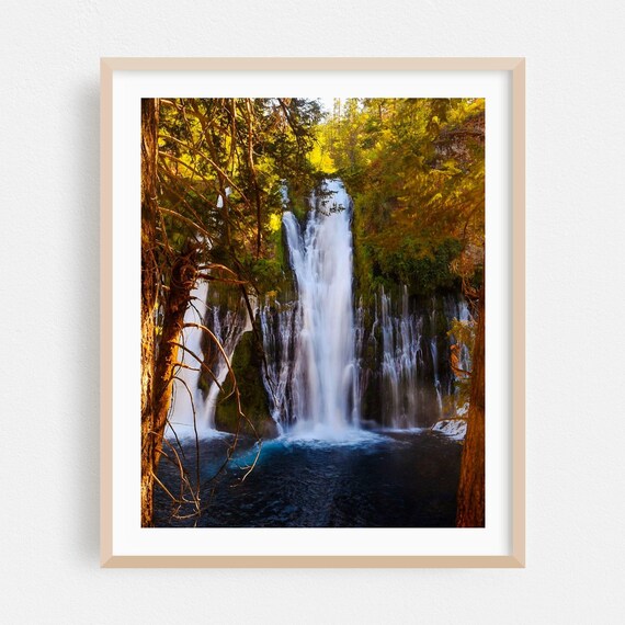 Forest Waterfall Plunging Into Deep Blue Pool Autumn Photo Poster