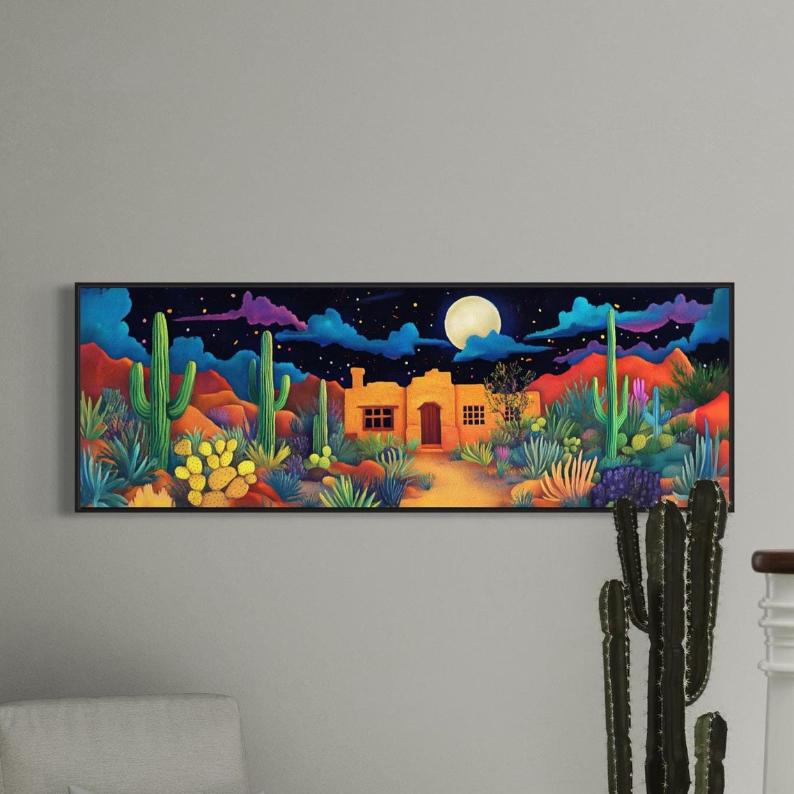 Moonlit Desert Cactus Adobe House Night Southwest Boho Panoramic Print - Image 5