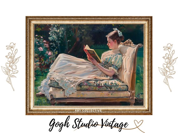 Young Woman Reading Book on Garden Chaise Vintage Portrait Poster