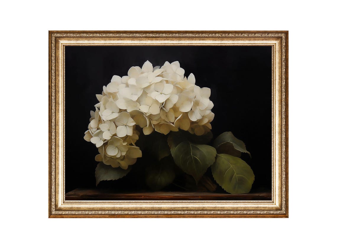 Moody White Hydrangea Oil Painting Vintage Flower Print Hydrangea Painting Botanical Wall Art Farmhouse Decor