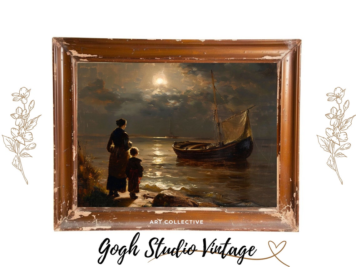 Coastal Decor Print Mother And Child Painting Fishing Boat Nautical Art Fine Art Oil Painting Wall Art Art Print - Image 3