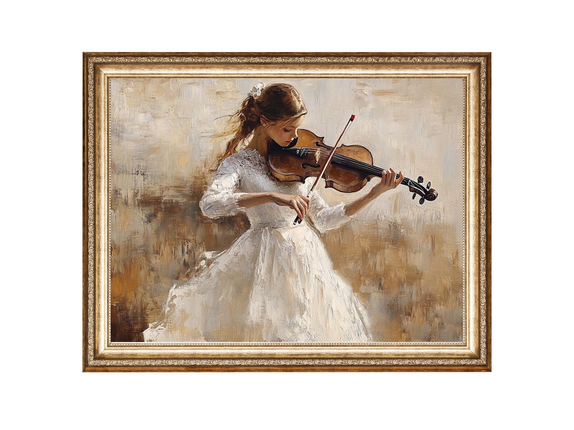 Young Violinist in White Dress Classical Music Performance Art Poster