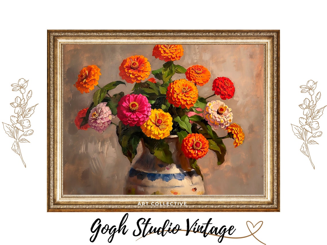 Flower Still Life Zinnia Oil Painting Floral Still Life Flowers In Vase Antique Moody Oil Art