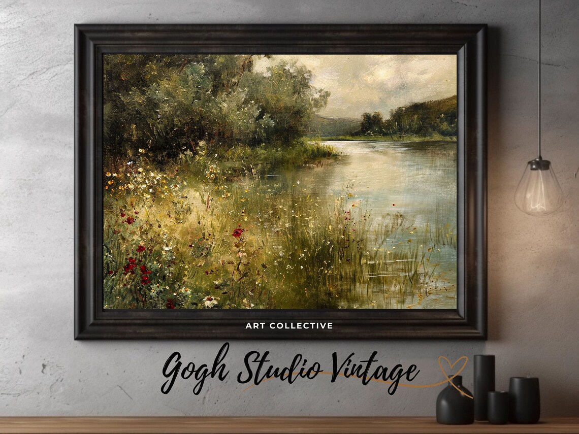 Nature River Landscape, Vintage Oil Painting - Image 2