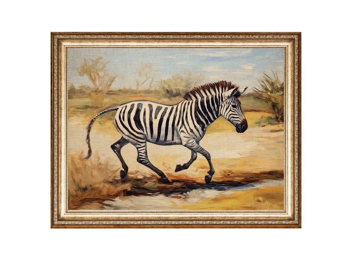Zebra Trotting through Savanna Water Vintage Wildlife Poster