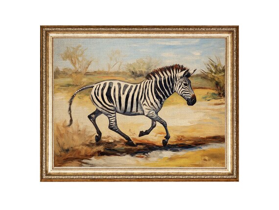 Zebra Trotting through Savanna Water Vintage Wildlife Poster