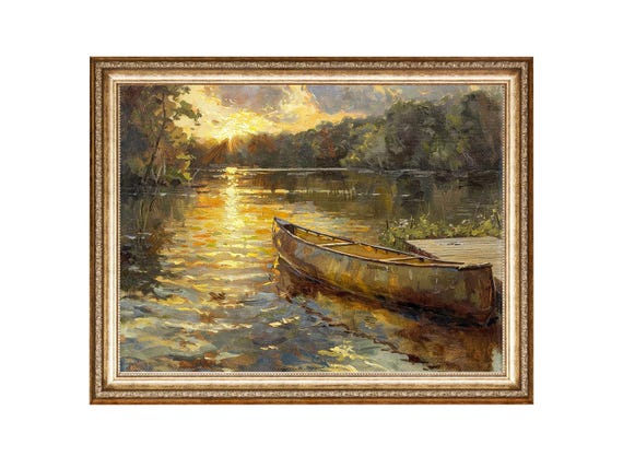 Boat on Lake Sunset Landscape, Vintage Prints